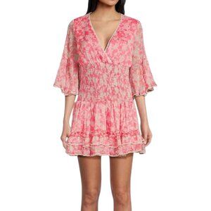C & V Chelsea & Violet Pink Floral Smocked Mini Dress Bell Sleeve Boho, L, NWT